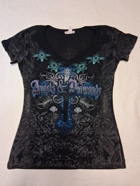Angels & Diamonds Black V-Neck Graphic Tee with Turquoise and Blue Accents